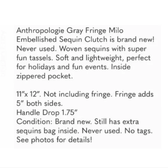 🆕 Anthropologie Milo Clutch Gray Fringe Embellished Sequin Bag New - Picture 7 of 7